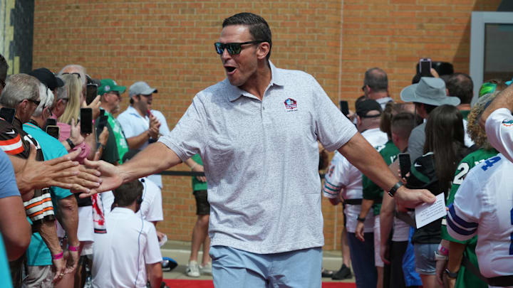 Aug 5, 2023; Canton, OH, USA; Tony Boselli arrives on the red carpet for the 2023 Pro Football Hall of Fame Enshrinement at Tom Benson Hall of Fame Stadium. Mandatory Credit: Kirby Lee-Imagn Images