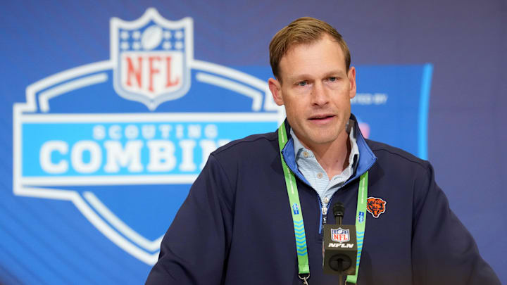 Feb 24, 2026; Indianapolis, IN, USA; Chicago Bears coach Ben Johnson speaks at the NFL Scouting Combine at the Indiana Convention Center. Mandatory Credit: Kirby Lee-Imagn Images