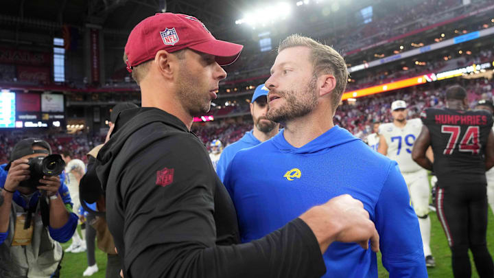Nov 26, 2023; Glendale, Arizona, USA; Arizona Cardinals head coach Jonathan Gannon and Los Angeles Rams head coach Sean McVay shake hands after their game at at State Farm Stadium. Mandatory Credit: Joe Camporeale-Imagn Images