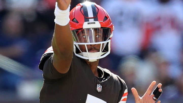 Cleveland Browns quarterback Jameis Winston (5) throws during the first half of an NFL football game at Huntington Bank Field, Sunday, Oct. 27, 2024, in Cleveland, Ohio.