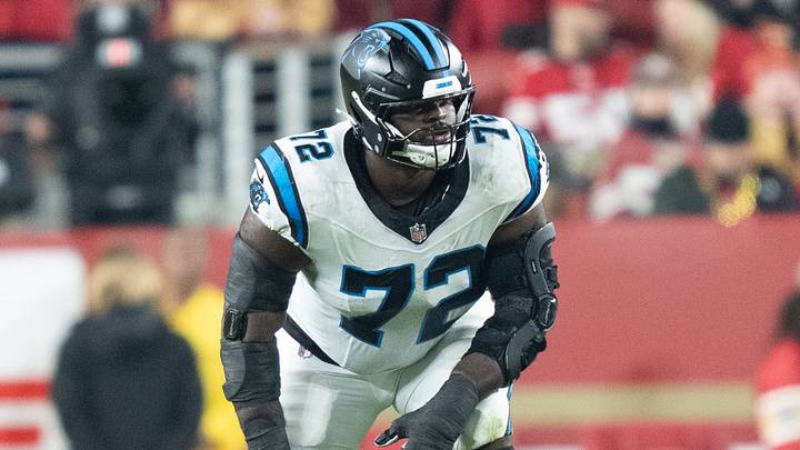 Santa Clara, California, USA; Carolina Panthers offensive tackle Taylor Moton (72) during the fourth quarter against the San Francisco 49ers at Levi's Stadium. Mandatory Credit: Kyle Terada-Imagn Images Santa Clara, California, USA; Carolina Panthers offensive tackle Taylor Moton (72) during the fourth quarter against the San Francisco 49ers at Levi's Stadium. Mandatory Credit: Kyle Terada-Imagn Images