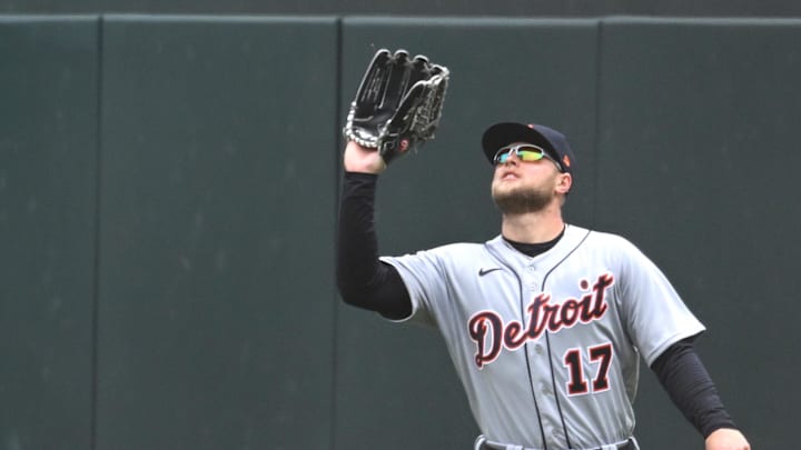 Apr 28, 2022; Minneapolis, Minnesota, USA;  Detroit Tigers left field Austin Meadows (17) catches a