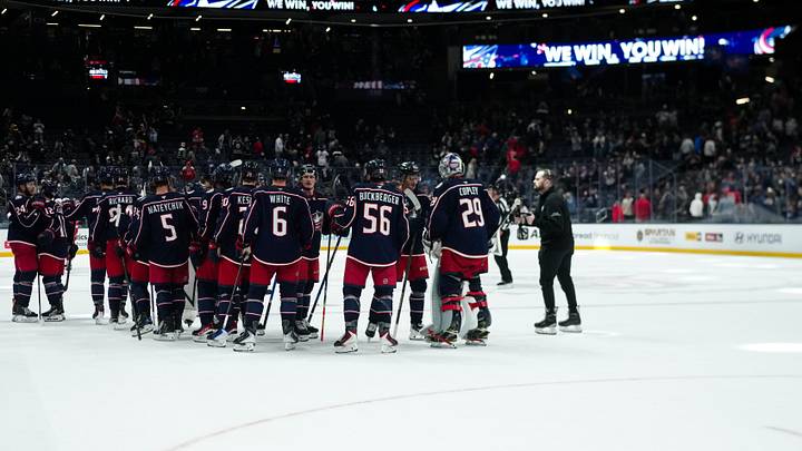 Sep 21, 2026; Columbus, Ohio, USA; The Columbus Blue Jackets celebrate defeating the Detroit Red Wings at Nationwide Arena. Mandatory Credit: Aaron Doster-Imagn Images Sep 21, 2026; Columbus, Ohio, USA; The Columbus Blue Jackets celebrate defeating the Detroit Red Wings at Nationwide Arena. Mandatory Credit: Aaron Doster-Imagn Images