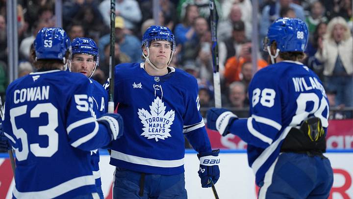 Apr 13, 2026; Toronto, Ontario, CAN; Toronto Maple Leafs center John Tavares (91) scores a goal and celebrates with left wing Matthew Knies (23) against the Dallas Stars during the first period at Scotiabank Arena. Mandatory Credit: Nick Turchiaro-Imagn Images