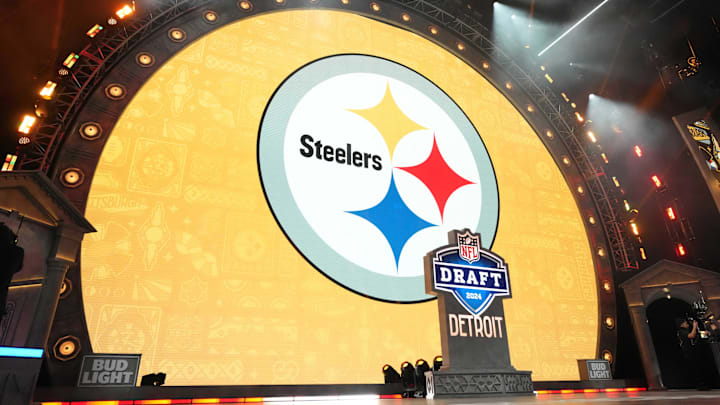 Apr 25, 2024; Detroit, MI, USA; A Pittsburgh Steelers logo during the 2024 NFL Draft at Campus Martius Park and Hart Plaza. Mandatory Credit: Kirby Lee-Imagn Images Apr 25, 2024; Detroit, MI, USA; A Pittsburgh Steelers logo during the 2024 NFL Draft at Campus Martius Park and Hart Plaza. Mandatory Credit: Kirby Lee-Imagn Images