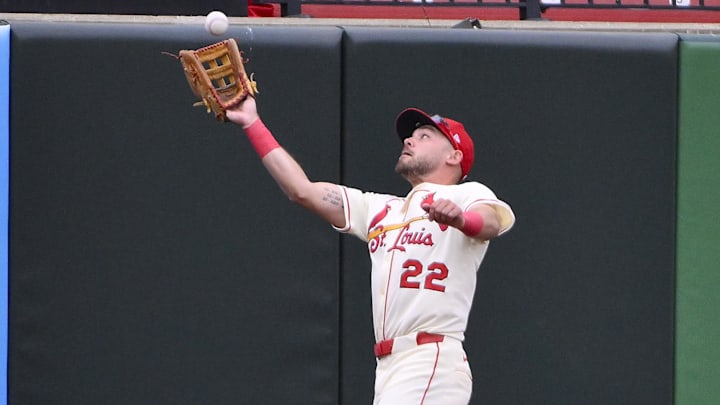 Mar 29, 2025; St. Louis, Missouri, USA; St. Louis Cardinals center fielder Michael Siani (22) leaps at the wall and catches a fly ball hit by Minnesota Twins shortstop Carlos Correa (not pictured) during the ninth inning at Busch Stadium. Mandatory Credit: Jeff Curry-Imagn Images Mar 29, 2025; St. Louis, Missouri, USA; St. Louis Cardinals center fielder Michael Siani (22) leaps at the wall and catches a fly ball hit by Minnesota Twins shortstop Carlos Correa (not pictured) during the ninth inning at Busch Stadium. Mandatory Credit: Jeff Curry-Imagn Images