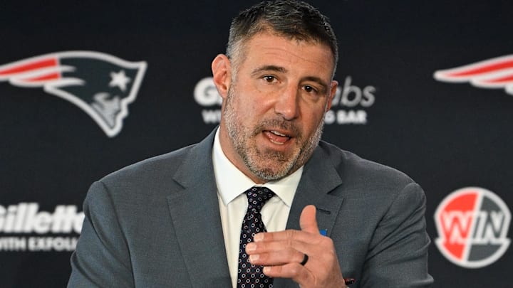 Mike Vrabel addresses the media at a press conference at Gillette Stadium to announce his hiring as the New England Patriots head coach.