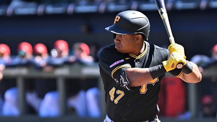 Feb 25, 2026; North Port, Florida, USA;  Pittsburgh Pirates third baseman Enmanuel Valdez (47)  bats in the first inning against the Atlanta Braves during spring training at CoolToday Park. Mandatory Credit: Jonathan Dyer-Imagn Images
