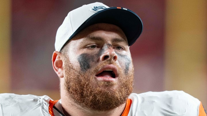 August 9, 2025; Santa Clara, California, USA; Denver Broncos guard Quinn Meinerz (77) after the game against the San Francisco 49ers at Levi's Stadium. Mandatory Credit: Kyle Terada-Imagn Images
