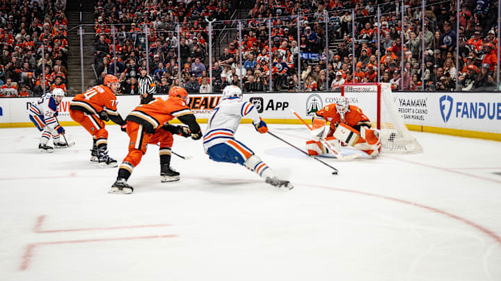Apr 26, 2026; Anaheim, California, USA; Edmonton Oilers center Connor McDavid (97) with a shot on goal during the third period against the Anaheim Ducks in game four of the first round of the 2026 Stanley Cup Playoffs at Honda Center. Mandatory Credit: Corinne Votaw-Imagn Images