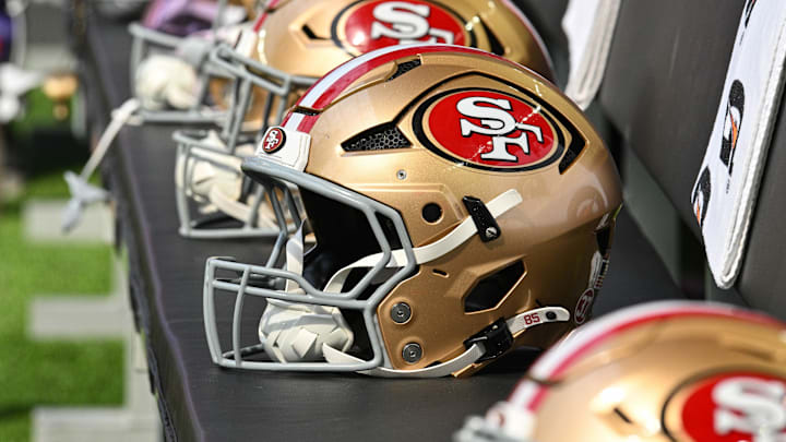 Sep 15, 2024; Minneapolis, Minnesota, USA; San Francisco 49ers helmets sits idle during the game against the Minnesota Vikings at U.S. Bank Stadium. Mandatory Credit: Jeffrey Becker-Imagn Images