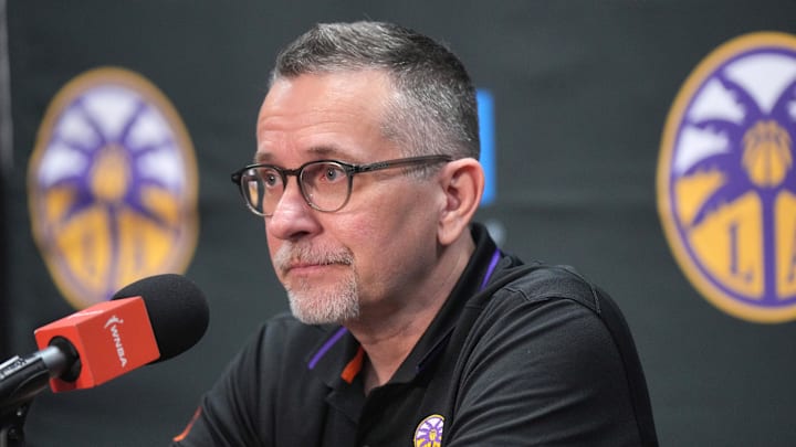 Jul 16, 2024; Los Angeles, California, USA; LA Sparks coach Curt Miller at a press conference at Crypto.com Arena. Mandatory Credit: Kirby Lee-Imagn Images Jul 16, 2024; Los Angeles, California, USA; LA Sparks coach Curt Miller at a press conference at Crypto.com Arena. Mandatory Credit: Kirby Lee-Imagn Images