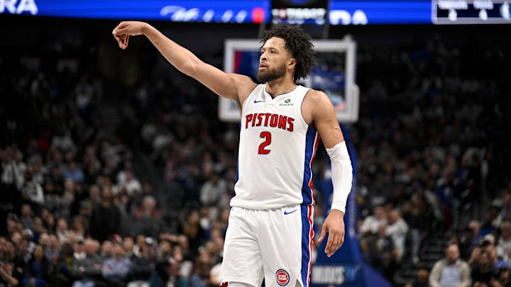 Dec 18, 2025; Dallas, Texas, USA; Detroit Pistons guard Cade Cunningham (2) follows through on a jump shot against the Dallas Mavericks during the second half at the American Airlines Center. Mandatory Credit: Jerome Miron-Imagn Images