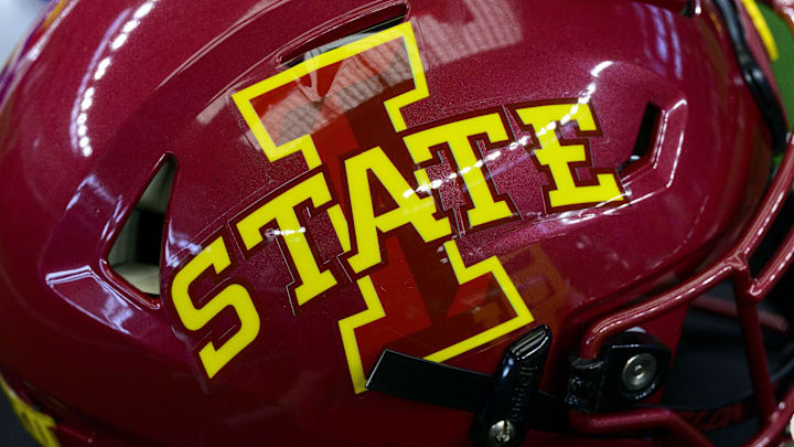 Jul 14, 2022; Arlington, TX, USA; A view of the Iowa State Cyclones helmet logo during the Big 12 Media Day at AT&T Stadium. 