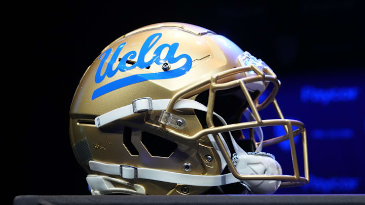Jul 29, 2022; Los Angeles, CA, USA; A detailed view of UCLA Bruins helmet during Pac-12 Media Day at Novo Theater. Mandatory Credit: Kirby Lee-Imagn Images