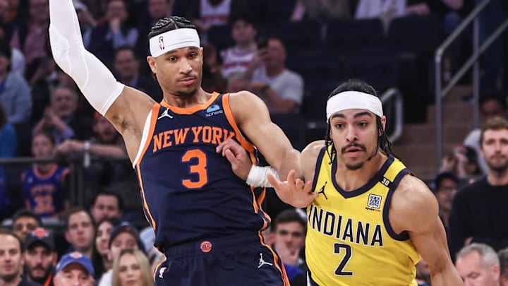 May 8, 2024; New York, New York, USA; Indiana Pacers guard Andrew Nembhard (2) drives past New York