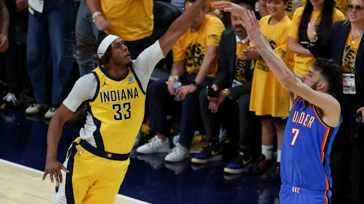Jun 19, 2025; Indianapolis, Indiana, USA; Indiana Pacers center Myles Turner (33) blocks a shot by Oklahoma City Thunder forward Chet Holmgren (7) in the second quarter during game six of the 2025 NBA Finals at Gainbridge Fieldhouse. Mandatory Credit: Trevor Ruszkowski-Imagn Images