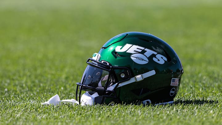 Jul 31, 2021; Florham Park, NJ, USA; A general view of a New York Jets helmet on the field during training camp at Atlantic Health Jets Training Center. Mandatory Credit: Vincent Carchietta-Imagn Images