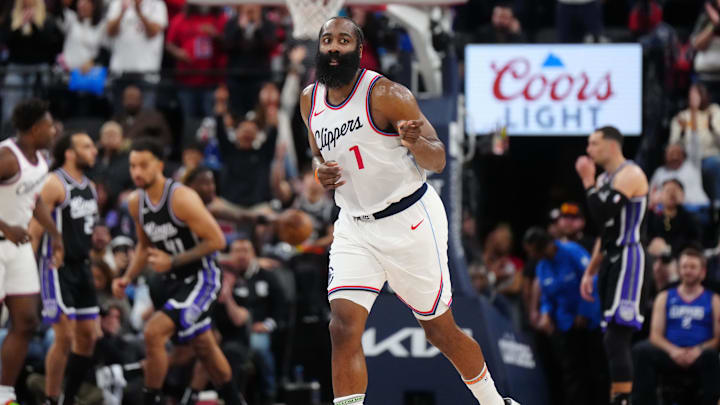 Mar 9, 2025; Inglewood, California, USA; LA Clippers guard James Harden (1) gestures against the Sacramento Kings in the second half at Intuit Dome. Mandatory Credit: Kirby Lee-Imagn Images