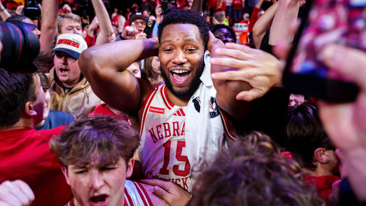 Nebraska forward Jared Garcia celebrates with fans after the Huskers defeated Michigan State at Pinnacle Bank Arena.