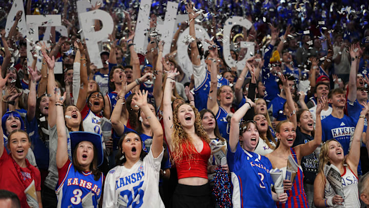 Nov 15, 2025; Lawrence, Kansas, USA; Kansas Jayhawks fans cheer prior to a game against the Princeton Tigers at Allen Fieldhouse. Mandatory Credit: Jay Biggerstaff-Imagn Images