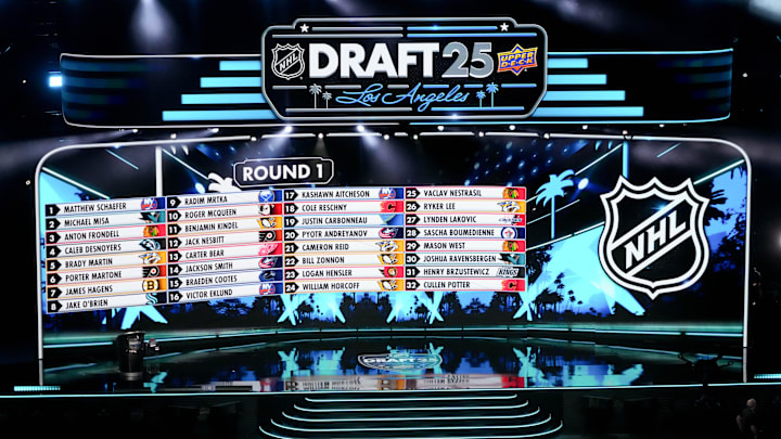 Jun 27, 2025; Los Angeles, California, USA; The draft board is seen following the first round of the 2025 NHL Draft at Peacock Theater. Mandatory Credit: Kirby Lee-Imagn Images