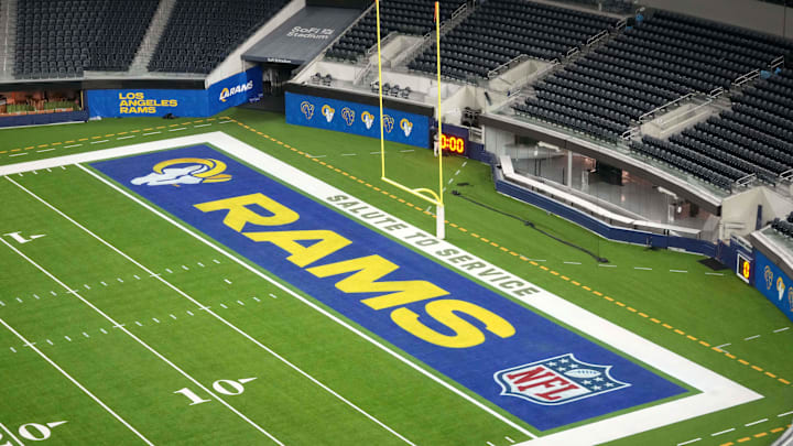 Nov 11, 2024; Inglewood, California, USA; The Los Angeles Rams and Salute to Service logos in the end zone at SoFi Stadium. Mandatory Credit: Kirby Lee-Imagn Images Nov 11, 2024; Inglewood, California, USA; The Los Angeles Rams and Salute to Service logos in the end zone at SoFi Stadium. Mandatory Credit: Kirby Lee-Imagn Images