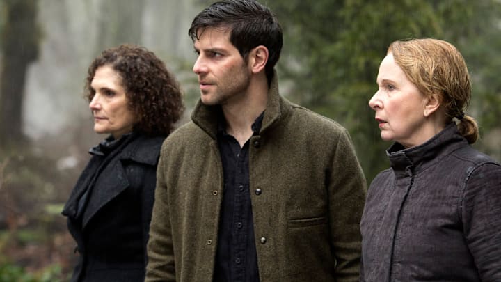 GRIMM -- "The End" Episode 613 -- Pictured: (l-r) Mary Elizabeth Mastrantonio as Kelly Burkhardt, David Giuntoli as Nick Burkhardt, Kate Burton as Aunt Marie Kessler