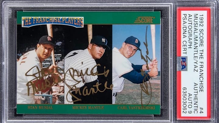 Gold ink was used on this legendary triple autograph card. Only 500 copies were printed by Score. 
