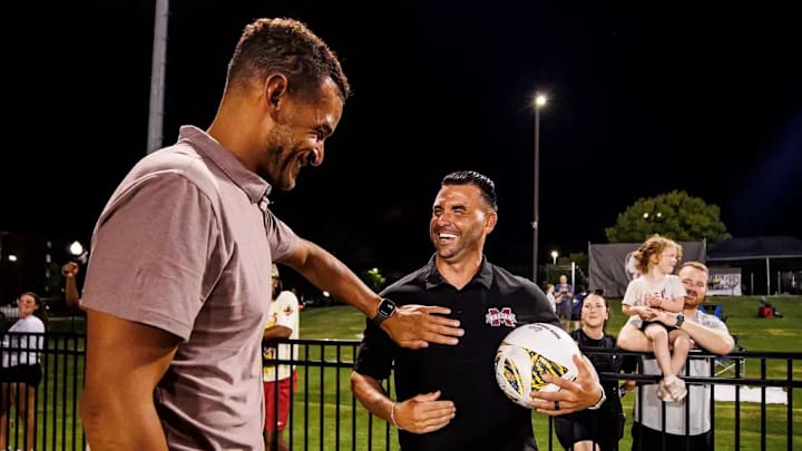 Mississippi State Head Coach Nick Zimmerman and Mississippi State Director of Athletics Zac Selmon during the match between the Jacksonville State Gamecocks and the Mississippi State Bulldogs at the MSU Soccer Field in Starkville, MS.