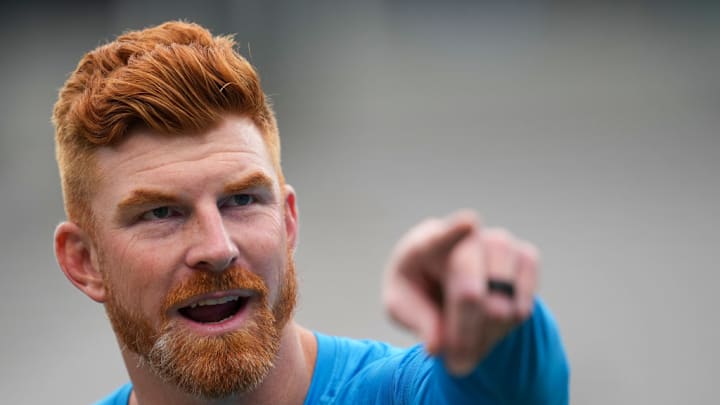 CHARLOTTE, NORTH CAROLINA - SEPTEMBER 29: Andy Dalton #14 of the Carolina Panthers looks on before the game against the Cincinnati Bengals at Bank of America Stadium on September 29, 2024 in Charlotte, North Carolina.