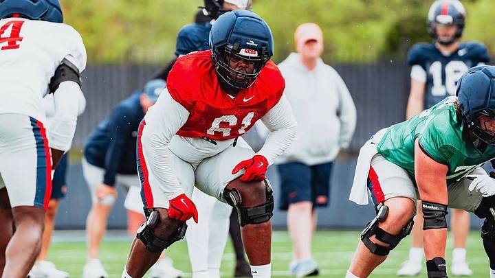 Ole Miss tackle Tommy Kinsler IV lines up for an offensive snap at right tackle during a spring camp practice (2026). Ole Miss tackle Tommy Kinsler IV lines up for an offensive snap at right tackle during a spring camp practice (2026).