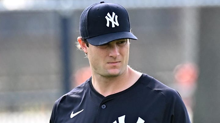 Feb 16, 2025; Tampa, FL, USA; New York Yankees pitcher Gerrit Cole (45) warms up during a spring training workout at George M. Steinbrenner Field Feb 16, 2025; Tampa, FL, USA; New York Yankees pitcher Gerrit Cole (45) warms up during a spring training workout at George M. Steinbrenner Field