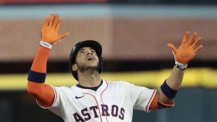 Sep 17, 2025; Houston, Texas, USA; Houston Astros shortstop Jeremy Pena (3) reacts to his stand up double against the Texas Rangers in the first inning at Daikin Park. Sep 17, 2025; Houston, Texas, USA; Houston Astros shortstop Jeremy Pena (3) reacts to his stand up double against the Texas Rangers in the first inning at Daikin Park.