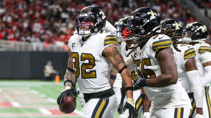 Nov 26, 2023; Atlanta, Georgia, USA; New Orleans Saints safety Tyrann Mathieu (32) celebrates with