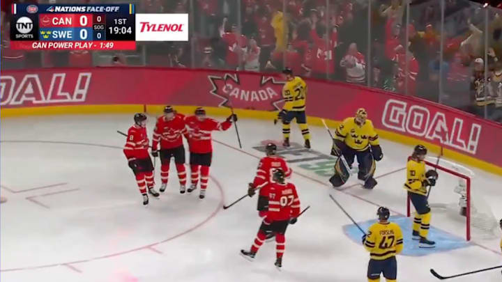 Team Canada celebrates the opening goal of the NHL's Four Nations Face-Off.