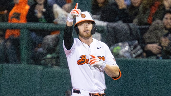 Oregon State's Canon Reeder (23) celebrates hitting a single during an NCAA college baseball game at Goss Stadium on Friday, March 7, 2025, in Corvallis, Ore.