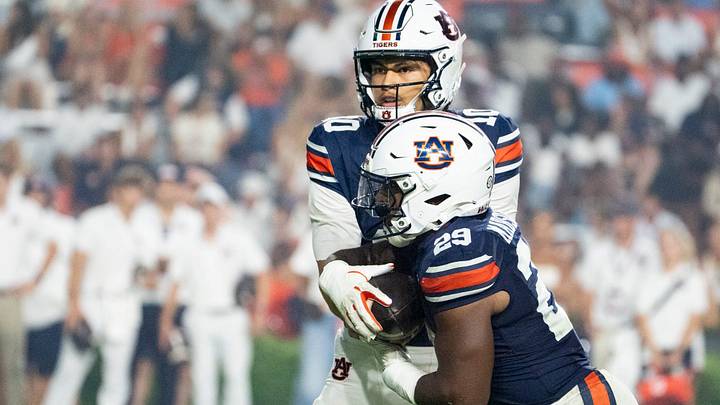 Auburn Tigers quarterback Tristan Ti'a (10) hands the ball off to running back Omar Mabson II (29) as Auburn Tigers take on Southern Miss Golden Eagles at Jordan-Hare Stadium in Auburn, Ala. on Saturday, Sept. 12, 2026. Auburn Tigers defeated Southern Miss Golden Eagles 43-8. Auburn Tigers quarterback Tristan Ti'a (10) hands the ball off to running back Omar Mabson II (29) as Auburn Tigers take on Southern Miss Golden Eagles at Jordan-Hare Stadium in Auburn, Ala. on Saturday, Sept. 12, 2026. Auburn Tigers defeated Southern Miss Golden Eagles 43-8.