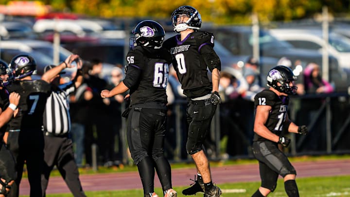 Nick Rogers (0), Jake Mancieri (66) and the Mt. Hope football squad will face East Greenwich in the RIIL Division III semifinals on Friday.