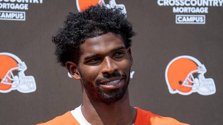 Shedeur Sanders answers media questions at the end of the Browns mini camp in Berea on April 21, 2026.