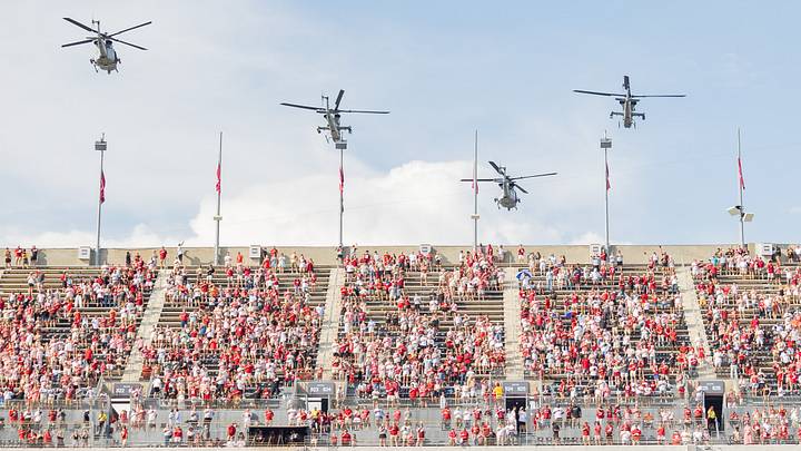 Marine Helicopters fly over Bryant Denny Stadium before the game against FSU on Sept 19, 2026. Marine Helicopters fly over Bryant Denny Stadium before the game against FSU on Sept 19, 2026.