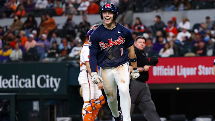 Ole Miss infielder Luke Hill reacts after hitting a home run against Clemson in the Shriners Children's College Showdown in Arlington, Texas. Ole Miss infielder Luke Hill reacts after hitting a home run against Clemson in the Shriners Children's College Showdown in Arlington, Texas.