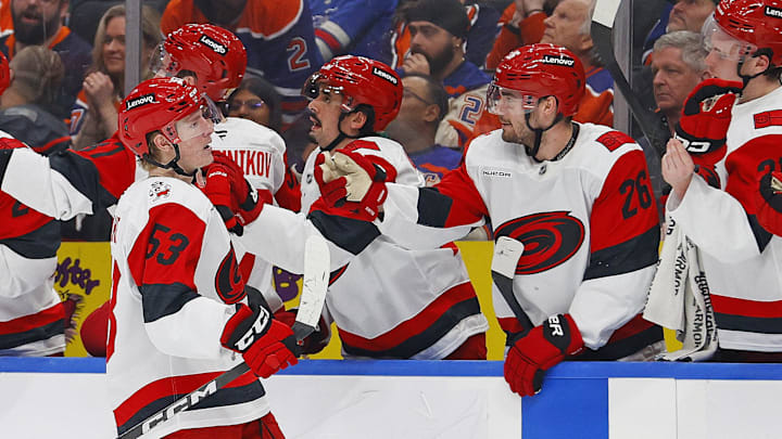 Mar 6, 2026; Edmonton, Alberta, CAN; The Carolina Hurricanes celebrate a goal scored by forward Jackson Blake (53) during the third period against the Edmonton Oilers at Rogers Place. Mandatory Credit: Perry Nelson-Imagn Images