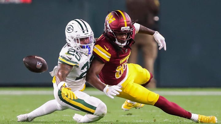 Green Bay Packers cornerback Keisean Nixon (25) breaks up a pass intended for Washington Commanders wide receiver Noah Brown (85) on Thursday, September 11, 2025, at Lambeau Field in Green Bay, Wis. The Packers won the game, 27-18.
Tork Mason/USA TODAY NETWORK-Wisconsin