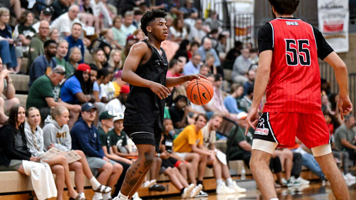 Michigan State and Team Motorcars' Jeremy Fears Jr. moves the ball against Team Goodfellas in the game on Thursday, June 27, 2024, during the Moneyball Pro-Am at Holt High School.