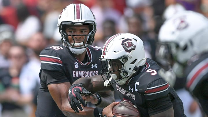 South Carolina quarterback LaNorris Sellers (16) hands off the ball to Rocket Sanders (5) during the first quarter at Williams-Brice Stadium in Columbia, S.C. Saturday, September 14, 2024. South Carolina quarterback LaNorris Sellers (16) hands off the ball to Rocket Sanders (5) during the first quarter at Williams-Brice Stadium in Columbia, S.C. Saturday, September 14, 2024.
