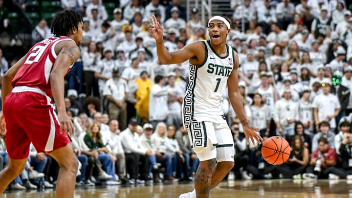 Michigan State's Jeremy Fears Jr. move the ball against Arkansas during the first half on Saturday, Nov. 8, 2025, at the Breslin Center in East Lansing.