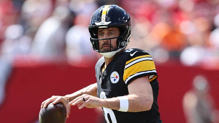 Oct 18, 2026; Tampa, Florida, USA;  Pittsburgh Steelers quarterback Aaron Rodgers (8) looks to pass during the first quarter against the Tampa Bay Buccaneers at Raymond James Stadium.  Mandatory Credit: Morgan Tencza-Imagn Images