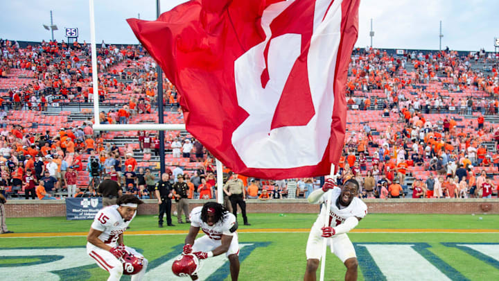 Oklahoma Sooners linebacker Kobie McKinzie (11) celebrates after the game as Auburn Tigers take on Oklahoma Sooners at Jordan-Hare Stadium in Auburn, Ala., on Saturday, Sept. 28, 2024. Oklahoma Sooners defeated Auburn Tigers 27-21. Oklahoma Sooners linebacker Kobie McKinzie (11) celebrates after the game as Auburn Tigers take on Oklahoma Sooners at Jordan-Hare Stadium in Auburn, Ala., on Saturday, Sept. 28, 2024. Oklahoma Sooners defeated Auburn Tigers 27-21.