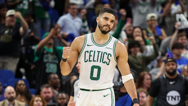 Apr 27, 2025; Orlando, Florida, USA; Boston Celtics forward Jayson Tatum (0) reacts after beating the Orlando Magic in game four of first round for the 2025 NBA Playoffs at Kia Center. Mandatory Credit: Nathan Ray Seebeck-Imagn Images Apr 27, 2025; Orlando, Florida, USA; Boston Celtics forward Jayson Tatum (0) reacts after beating the Orlando Magic in game four of first round for the 2025 NBA Playoffs at Kia Center. Mandatory Credit: Nathan Ray Seebeck-Imagn Images